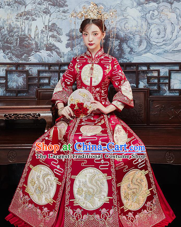 Chinese Traditional Bride Embroidered Drilling Phoenix Red Xiu He Suit Wedding Blouse and Dress Bottom Drawer Ancient Costumes for Women