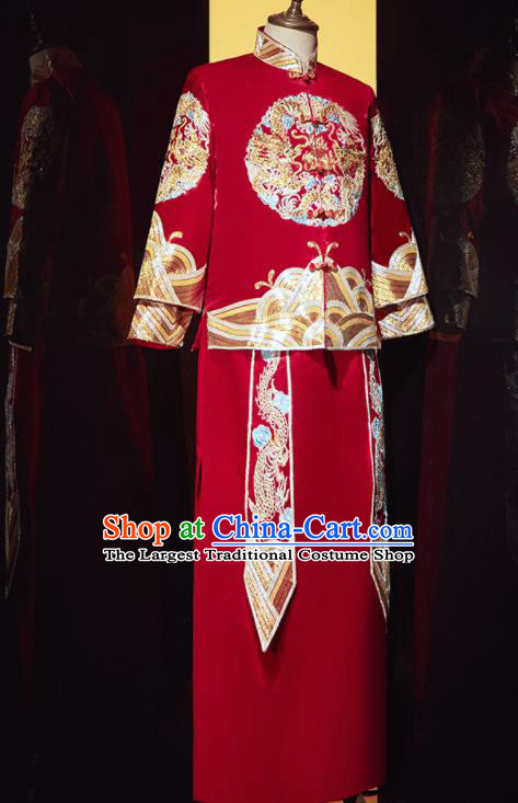 Chinese Ancient Bridegroom Embroidered Double Dragon Red Mandarin Jacket and Gown Traditional Wedding Tang Suit Costumes for Men