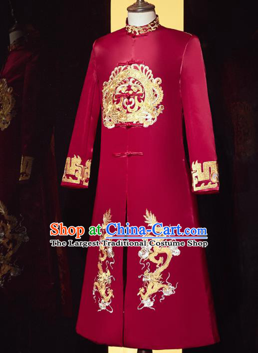 Chinese Ancient Bridegroom Embroidered Double Dragon Red Mandarin Jacket Traditional Wedding Tang Suit Costumes for Men
