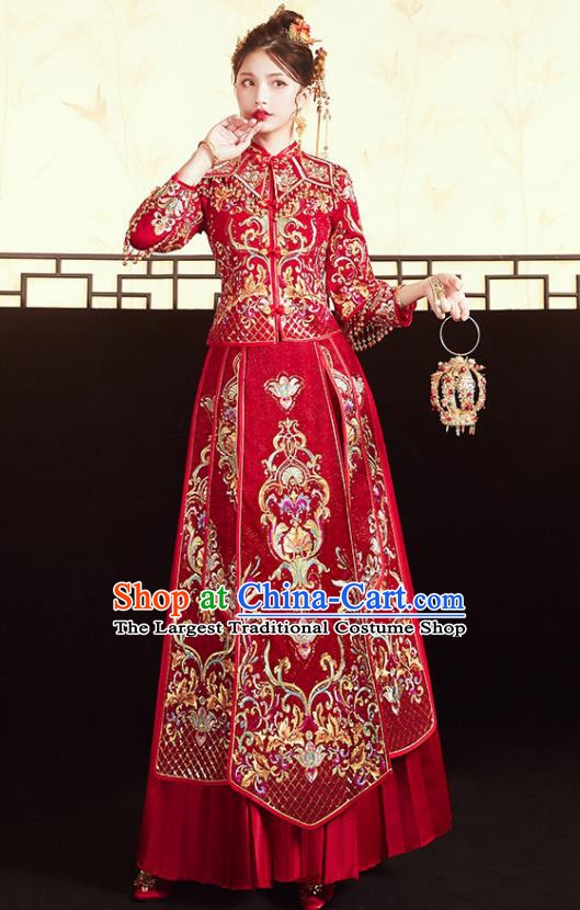 Chinese Traditional Bride Embroidered Red Xiu He Suit Wedding Blouse and Dress Bottom Drawer Ancient Costumes for Women