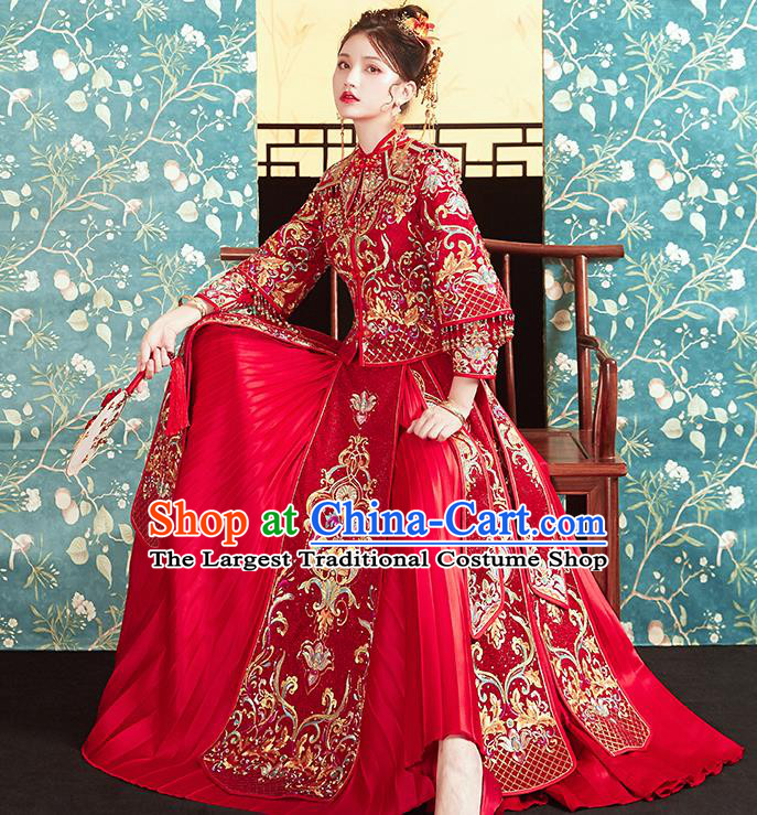 Chinese Traditional Bride Embroidered Red Xiu He Suit Wedding Blouse and Dress Bottom Drawer Ancient Costumes for Women