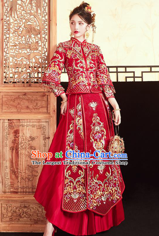 Chinese Traditional Bride Embroidered Red Xiu He Suit Wedding Blouse and Dress Bottom Drawer Ancient Costumes for Women