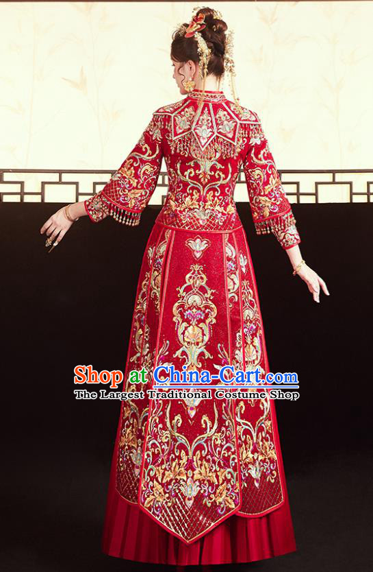 Chinese Traditional Bride Embroidered Red Xiu He Suit Wedding Blouse and Dress Bottom Drawer Ancient Costumes for Women