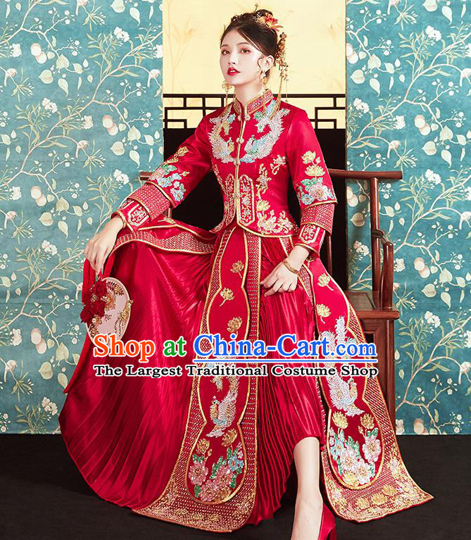 Chinese Traditional Bride Embroidered Drilling Phoenix Peony Red Xiu He Suit Wedding Blouse and Dress Bottom Drawer Ancient Costumes for Women