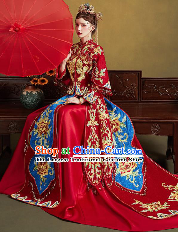 Chinese Traditional Wedding Embroidered Peony Blouse and Trailing Dress Red Bottom Drawer Xiu He Suit Ancient Bride Costumes for Women