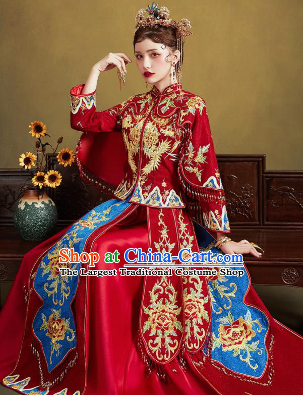 Chinese Traditional Wedding Embroidered Peony Blouse and Trailing Dress Red Bottom Drawer Xiu He Suit Ancient Bride Costumes for Women