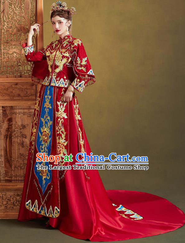 Chinese Traditional Wedding Embroidered Peony Blouse and Trailing Dress Red Bottom Drawer Xiu He Suit Ancient Bride Costumes for Women