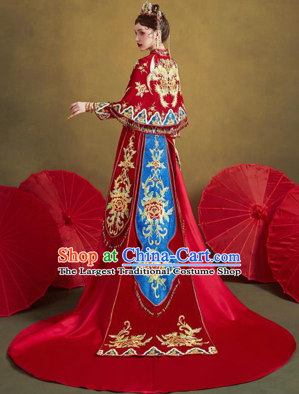 Chinese Traditional Wedding Embroidered Peony Blouse and Trailing Dress Red Bottom Drawer Xiu He Suit Ancient Bride Costumes for Women