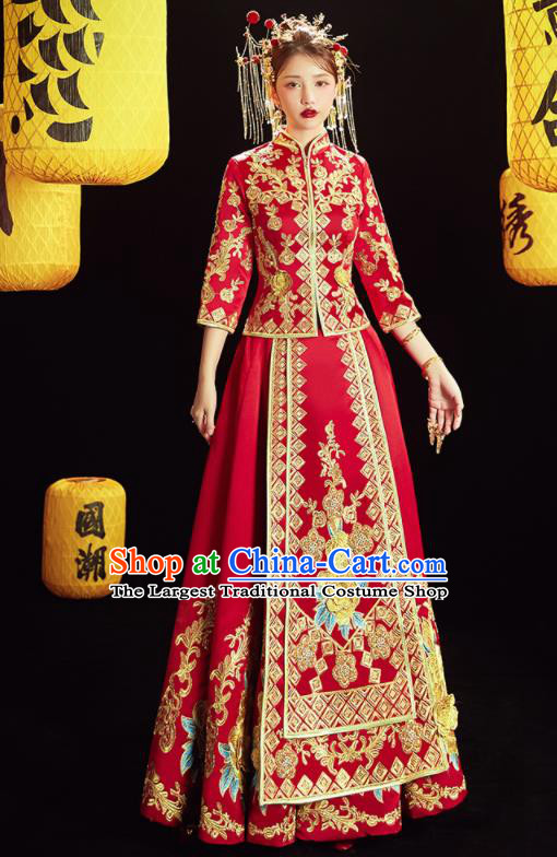 Chinese Traditional Wedding Embroidered Golden Peony Blouse and Dress Red Bottom Drawer Xiu He Suit Ancient Bride Costumes for Women