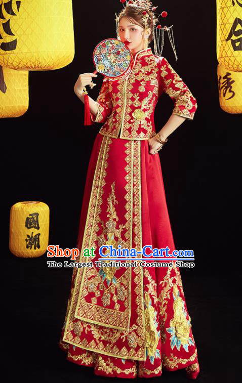 Chinese Traditional Wedding Embroidered Golden Peony Blouse and Dress Red Bottom Drawer Xiu He Suit Ancient Bride Costumes for Women