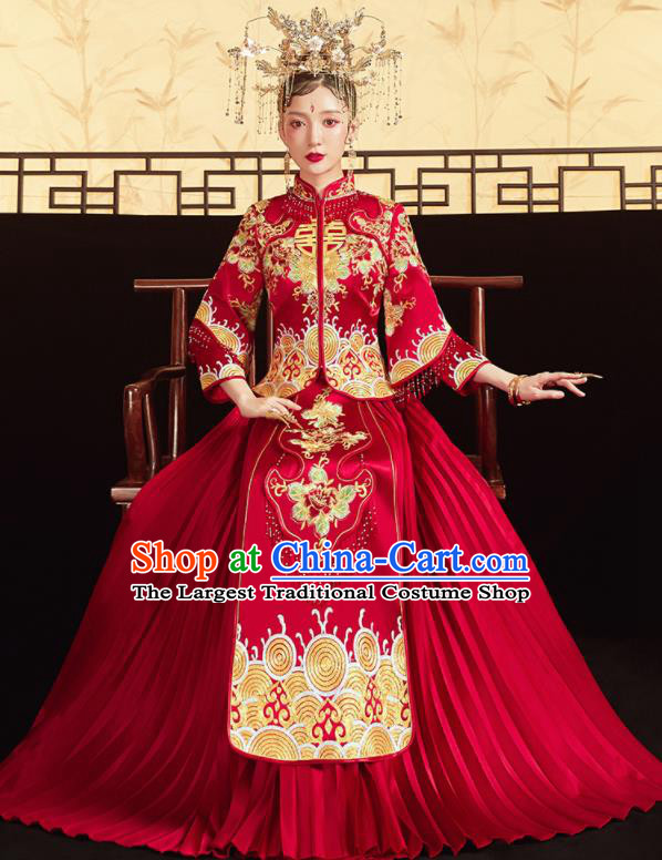 Chinese Traditional Wedding Embroidered Golden Flowers Blouse and Dress Red Bottom Drawer Xiu He Suit Ancient Bride Costumes for Women