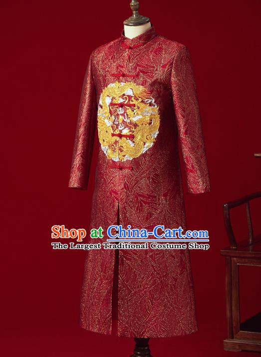 Chinese Ancient Bridegroom Embroidered Dragon Red Mandarin Jacket Traditional Wedding Tang Suit Costumes for Men