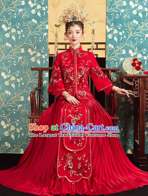 Chinese Traditional Wedding Bottom Drawer Embroidered Plum Red Blouse and Dress Xiu He Suit Ancient Bride Costumes for Women