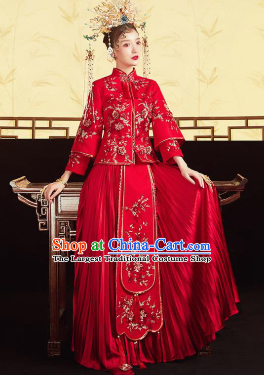 Chinese Traditional Wedding Bottom Drawer Embroidered Plum Red Blouse and Dress Xiu He Suit Ancient Bride Costumes for Women