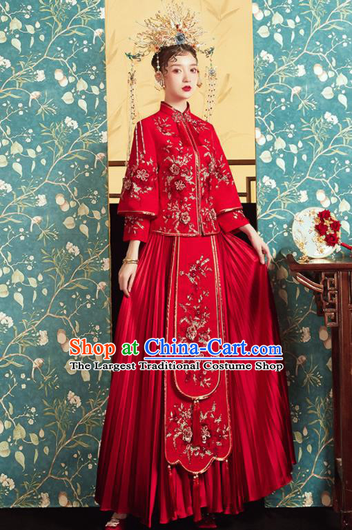 Chinese Traditional Wedding Bottom Drawer Embroidered Plum Red Blouse and Dress Xiu He Suit Ancient Bride Costumes for Women