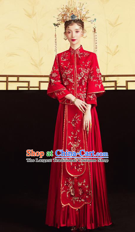 Chinese Traditional Wedding Bottom Drawer Embroidered Plum Red Blouse and Dress Xiu He Suit Ancient Bride Costumes for Women