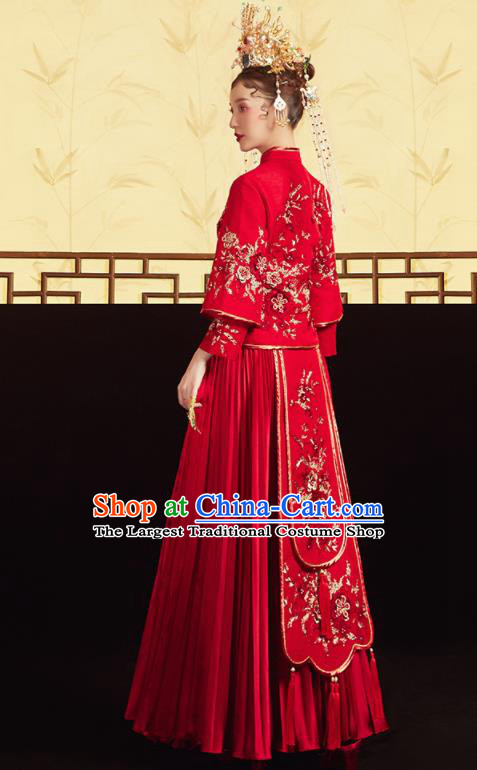 Chinese Traditional Wedding Bottom Drawer Embroidered Plum Red Blouse and Dress Xiu He Suit Ancient Bride Costumes for Women