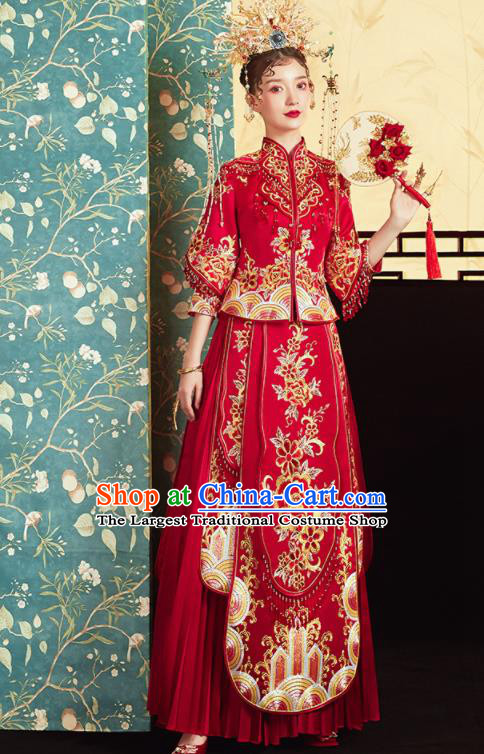 Chinese Traditional Wedding Bottom Drawer Embroidered Peony Red Blouse and Dress Xiu He Suit Ancient Bride Costumes for Women