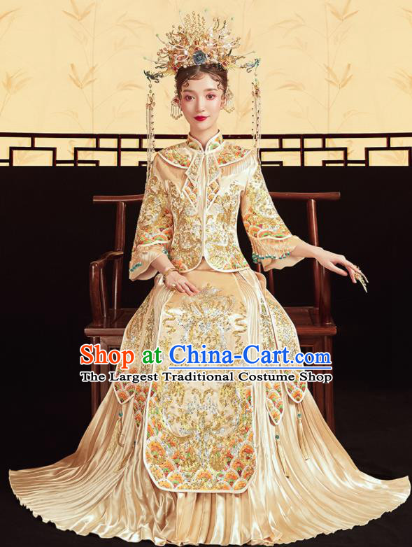 Chinese Traditional Wedding Drilling Golden Bottom Drawer Embroidered Blouse and Dress Xiu He Suit Ancient Bride Costumes for Women