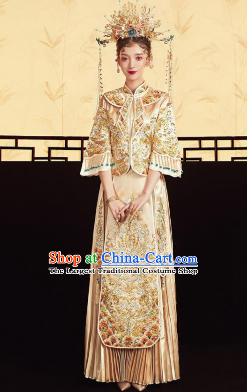 Chinese Traditional Wedding Drilling Golden Bottom Drawer Embroidered Blouse and Dress Xiu He Suit Ancient Bride Costumes for Women