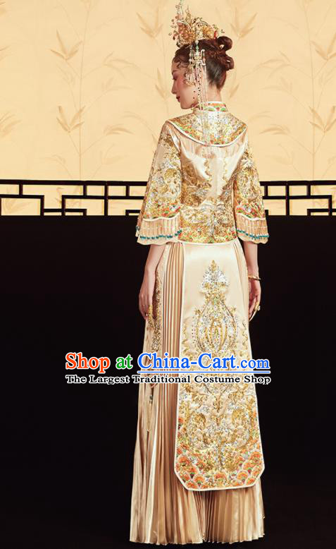 Chinese Traditional Wedding Drilling Golden Bottom Drawer Embroidered Blouse and Dress Xiu He Suit Ancient Bride Costumes for Women