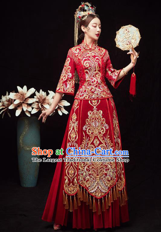 Chinese Traditional Wedding Red Bottom Drawer Embroidered Beads Blouse and Dress Xiu He Suit Ancient Bride Costumes for Women