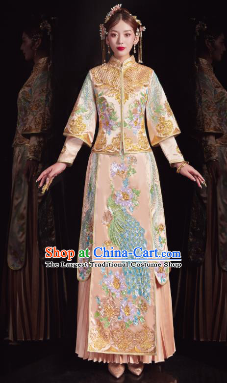 Chinese Traditional Wedding Champagne Bottom Drawer Embroidered Peacock Blouse and Dress Xiu He Suit Ancient Bride Costumes for Women