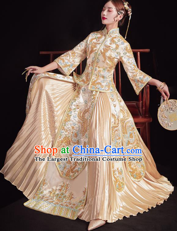 Chinese Traditional Wedding Golden Bottom Drawer Embroidered Phoenix Peony Blouse and Dress Xiu He Suit Ancient Bride Costumes for Women