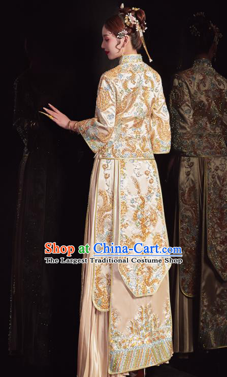 Chinese Traditional Wedding Golden Bottom Drawer Embroidered Phoenix Peony Blouse and Dress Xiu He Suit Ancient Bride Costumes for Women