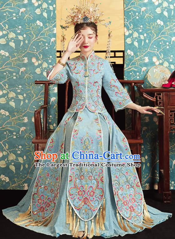 Chinese Traditional Wedding Bottom Drawer Embroidered Blue Blouse and Dress Xiu He Suit Ancient Bride Costumes for Women