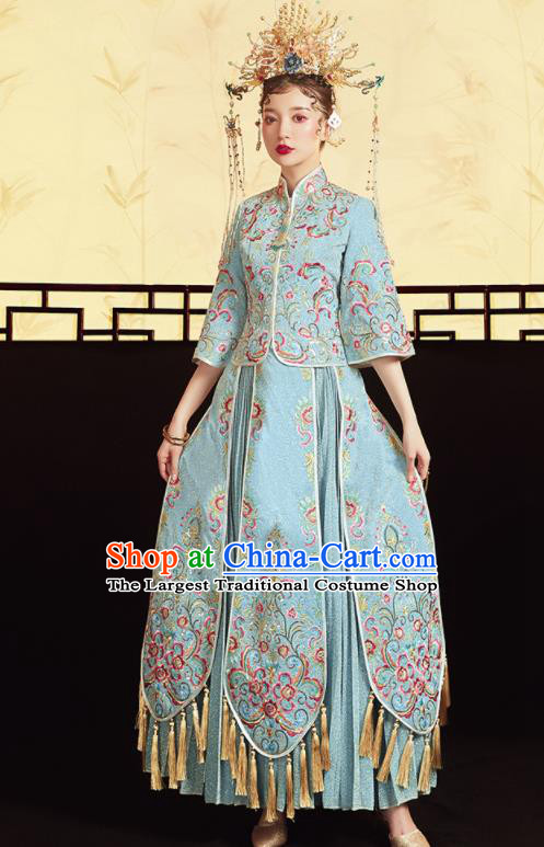 Chinese Traditional Wedding Bottom Drawer Embroidered Blue Blouse and Dress Xiu He Suit Ancient Bride Costumes for Women