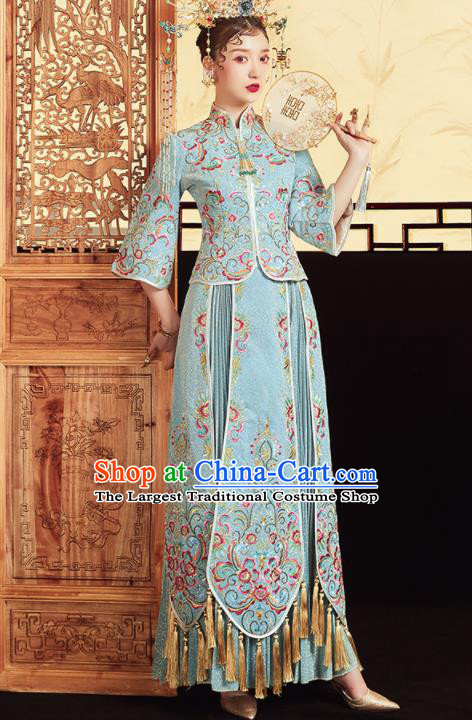 Chinese Traditional Wedding Bottom Drawer Embroidered Blue Blouse and Dress Xiu He Suit Ancient Bride Costumes for Women
