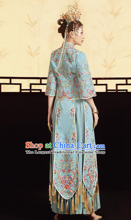 Chinese Traditional Wedding Bottom Drawer Embroidered Blue Blouse and Dress Xiu He Suit Ancient Bride Costumes for Women