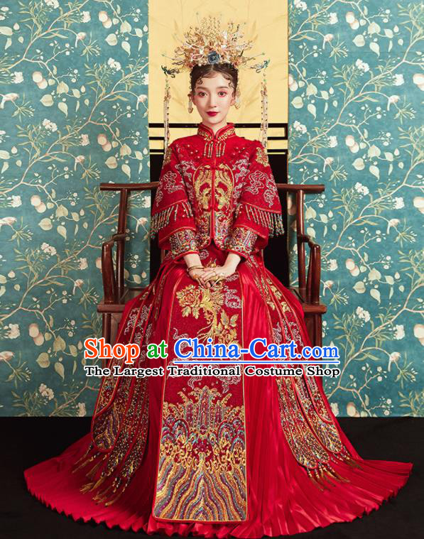 Chinese Traditional Wedding Embroidered Phoenix Peony Red Blouse and Dress Xiu He Suit Bottom Drawer Ancient Bride Costumes for Women