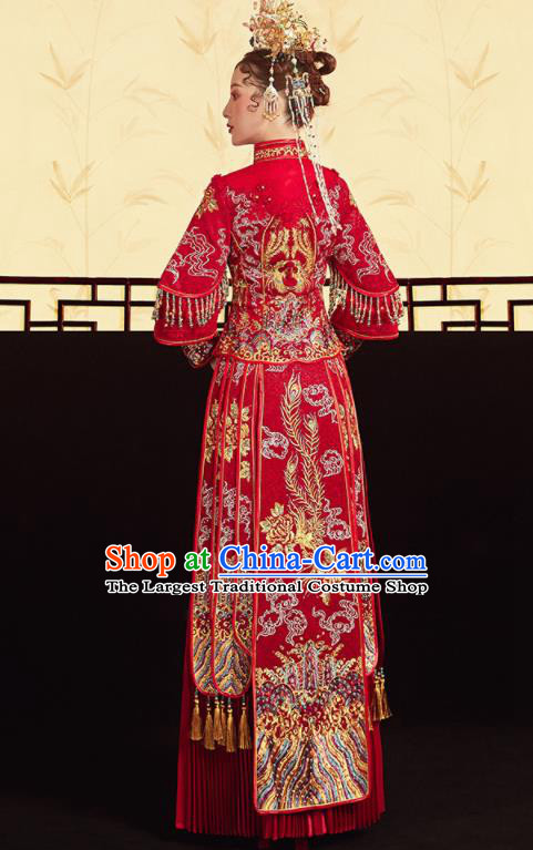 Chinese Traditional Wedding Embroidered Phoenix Peony Red Blouse and Dress Xiu He Suit Bottom Drawer Ancient Bride Costumes for Women