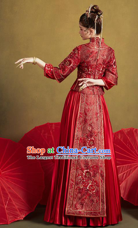 Chinese Traditional Wedding Embroidered Peony Red Blouse and Dress Xiu He Suit Bottom Drawer Ancient Bride Costumes for Women