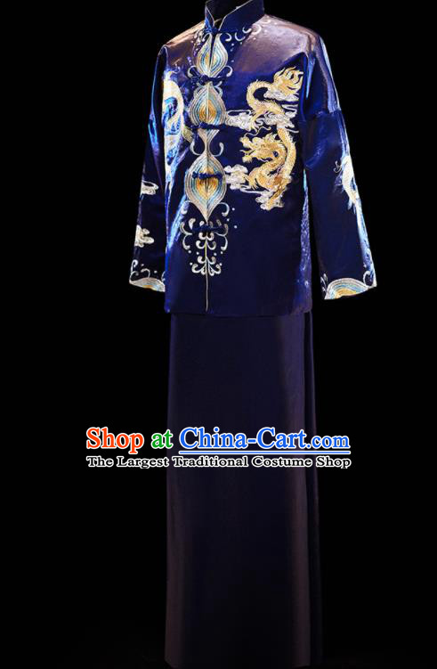 Chinese Ancient Bridegroom Embroidered Dragon Royalblue Mandarin Jacket and Gown Traditional Wedding Tang Suit Costumes for Men