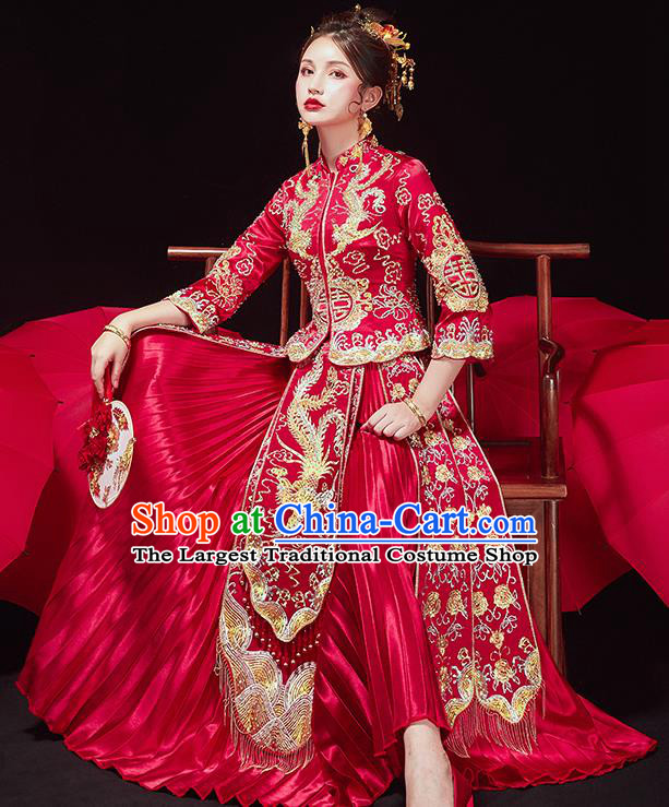 Chinese Traditional Ancient Bride Costumes Embroidered Golden Phoenix Xiu He Suit Wedding Blouse and Dress Bottom Drawer for Women