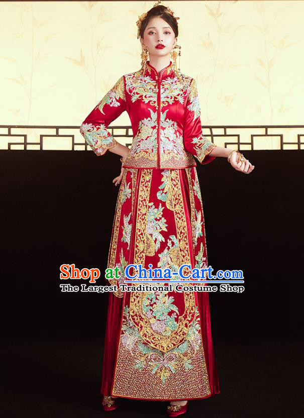 Chinese Traditional Ancient Bride Costumes Embroidered Drilling Flowers Xiu He Suit Wedding Blouse and Dress Bottom Drawer for Women
