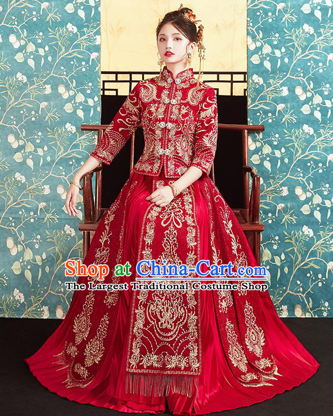 Chinese Traditional Ancient Bride Costumes Embroidered Drilling Xiu He Suit Wedding Blouse and Dress Bottom Drawer for Women