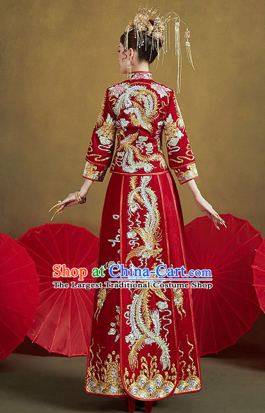 Chinese Traditional Ancient Bride Costumes Embroidered Drilling Phoenix Red Xiu He Suit Wedding Blouse and Dress Bottom Drawer for Women