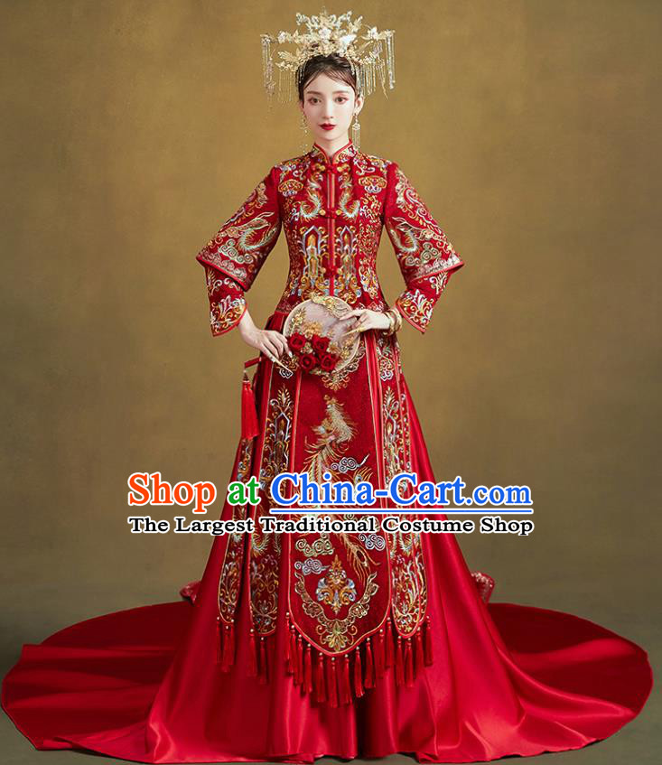 Chinese Traditional Ancient Bride Drilling Costumes Embroidered Phoenix Red Xiu He Suit Wedding Blouse and Dress Bottom Drawer for Women