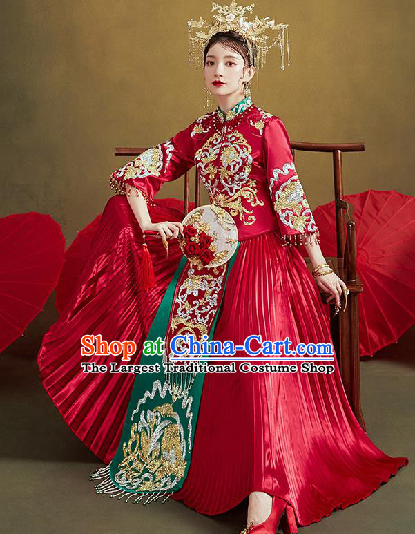 Chinese Traditional Ancient Bride Drilling Costumes Embroidered Red Xiu He Suit Wedding Blouse and Dress Bottom Drawer for Women