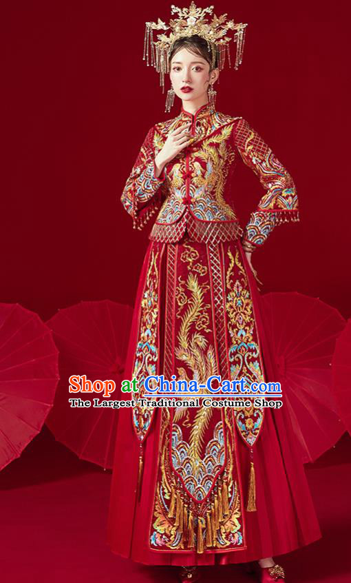 Chinese Traditional Ancient Bride Embroidered Phoenix Drilling Costumes Red Xiu He Suit Wedding Blouse and Dress Bottom Drawer for Women