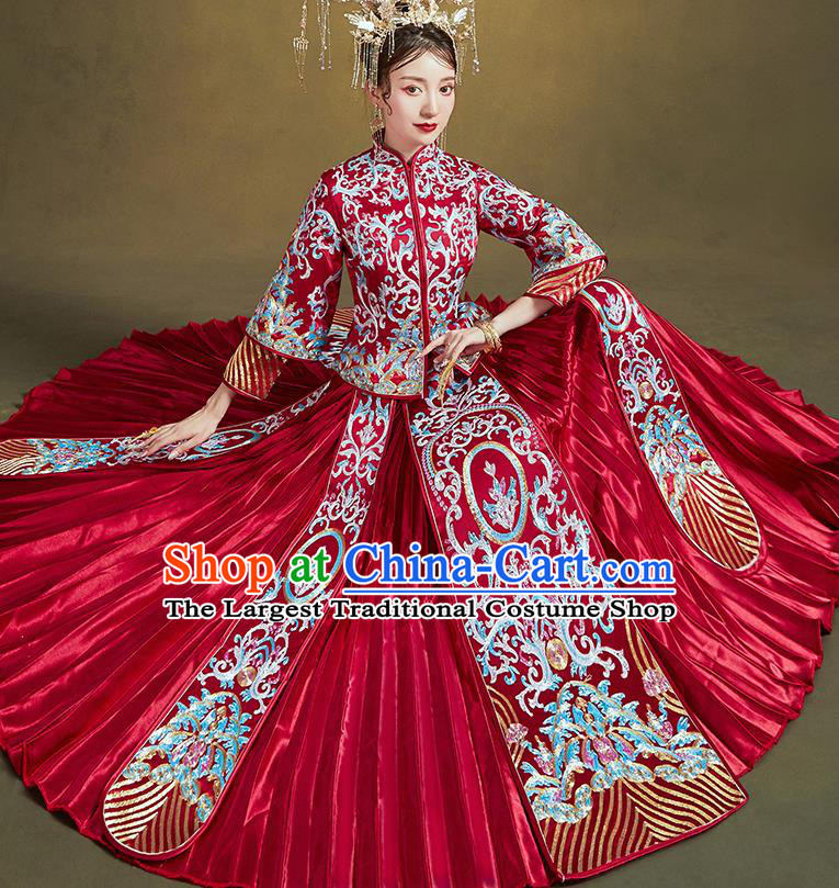 Chinese Traditional Ancient Bride Drilling Embroidered Costumes Red Xiu He Suit Wedding Blouse and Dress Bottom Drawer for Women