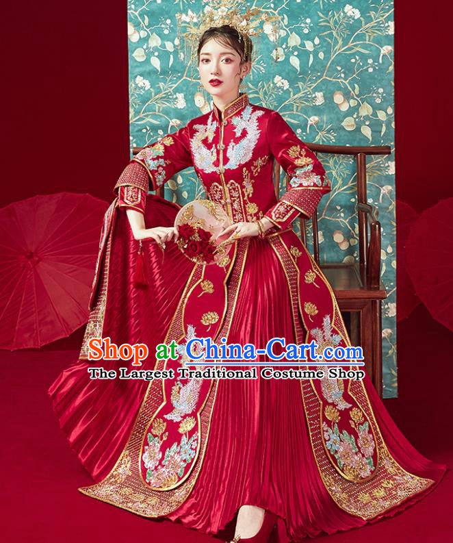 Chinese Traditional Ancient Bride Drilling Phoenix Embroidered Costumes Red Xiu He Suit Wedding Blouse and Dress Bottom Drawer for Women