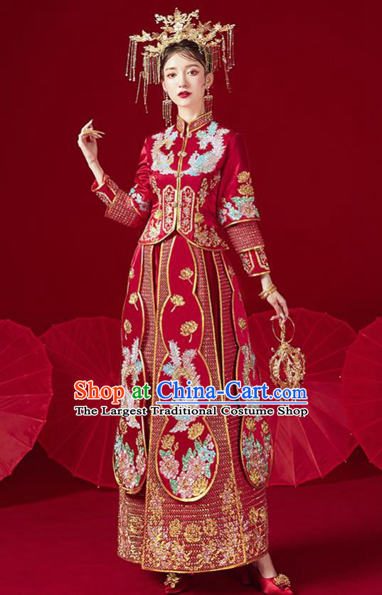 Chinese Traditional Ancient Bride Drilling Phoenix Embroidered Costumes Red Xiu He Suit Wedding Blouse and Dress Bottom Drawer for Women