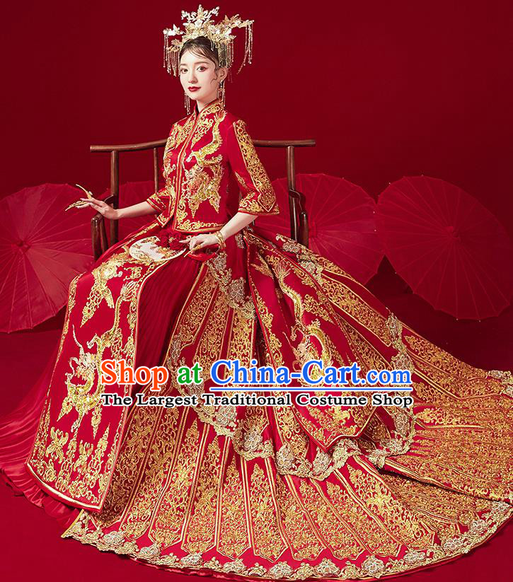 Chinese Traditional Ancient Bride Drilling Embroidered Dragon Costumes Red Xiu He Suit Wedding Blouse and Dress Bottom Drawer for Women