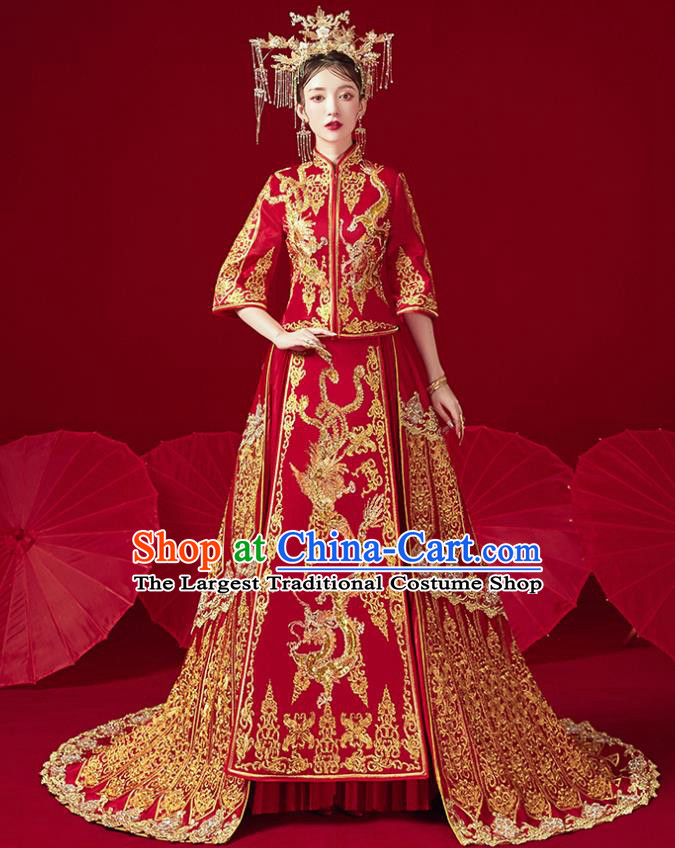 Chinese Traditional Ancient Bride Drilling Embroidered Dragon Costumes Red Xiu He Suit Wedding Blouse and Dress Bottom Drawer for Women