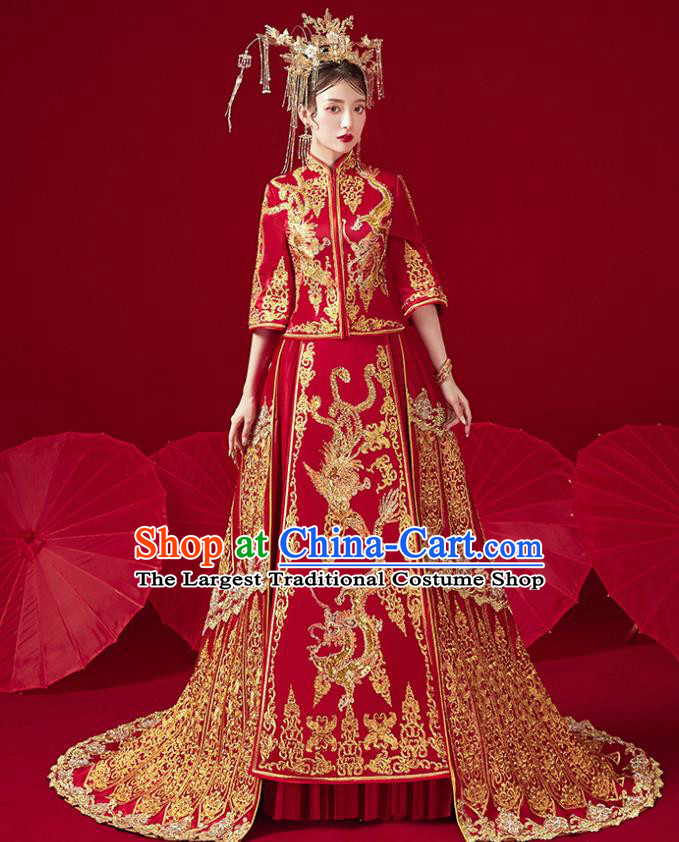 Chinese Traditional Ancient Bride Drilling Embroidered Dragon Costumes Red Xiu He Suit Wedding Blouse and Dress Bottom Drawer for Women